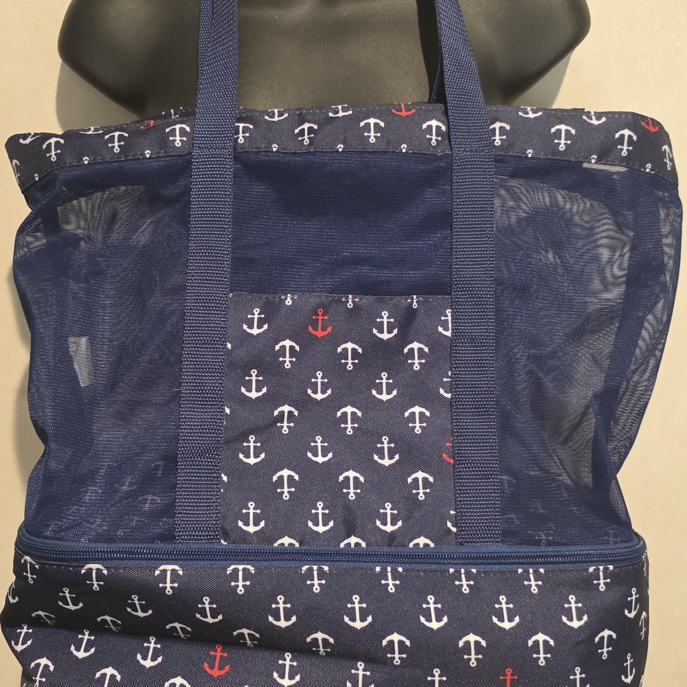Navy Anchor Print Mesh Tote Bag